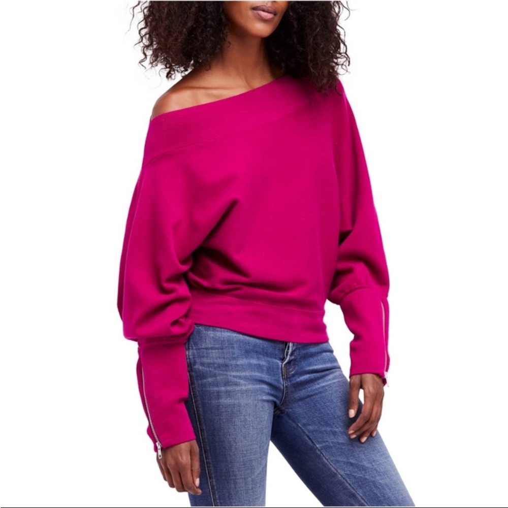 Free People off shoulder dolman zip sleeve sweater magenta